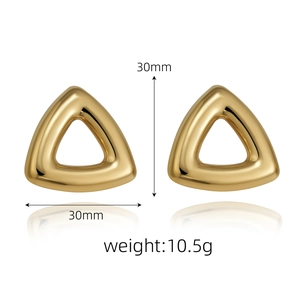 Detailed view of 18k gold plated hollow triangle earrings with size and weight specs