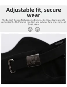 Detail of adjustable metal buckle and textured strap on a vintage black baseball cap
