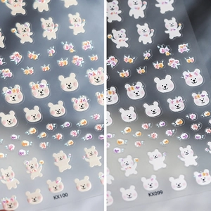 Cartoon Bear Floral Nail Art Stickers Ultra Thin Self Adhesive Embossed Manicure Decoration Decals Cute Style