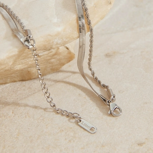 Macro view of stainless steel double chain necklace clasp with S.steel brand tag