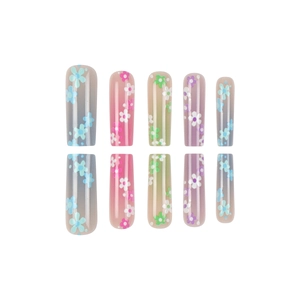 Pink and blue gradient coffin press-on nails with 3D flower and butterfly patterns