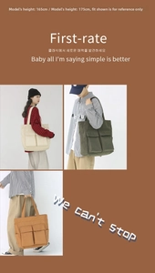 Three colors of canvas tote bags shown on models for size and fit reference