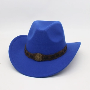 Detail of royal blue wool felt cowboy hat featuring a brown braided band and bronze star buckle