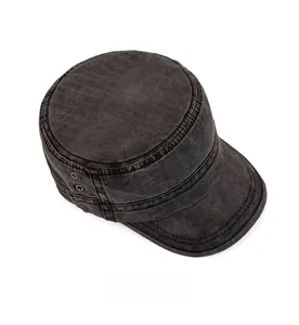 Top view of washed cotton military cap in dark grey showing flat top and stitching
