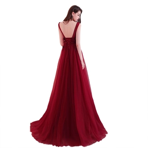 Elegant V-neck wine red evening gown with backless lace-up design and 3D floral beading detail