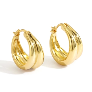 Minimalist gold plated multi-loop metal hoop earrings with striped texture on white background