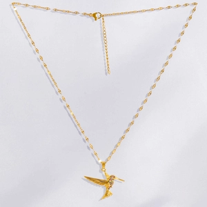 Golden hummingbird pendant necklace with multi-colored round zircons and hollow link chain