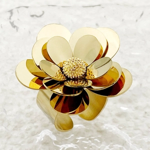Exotic Flower Ring Stainless Steel Gold Plated Adjustable Artificial Pearl Zircon Crystal Statement Floral Jewelry For Women