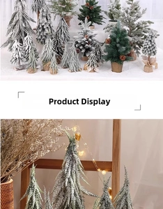 Detailed view of snowy mini Christmas trees with pine cones and rustic burlap bases