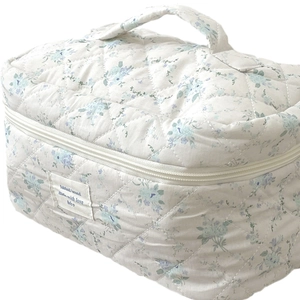 Gesteppte Kosmetiktasche aus Baumwolle mit blauem Blumenmuster, Griff und Reißverschluss