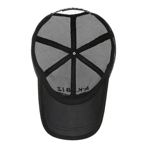 Men's black mesh trucker hat with breathable fabric and adjustable strap for summer