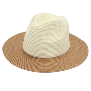 Two-tone woven straw fedora hat in cream and tan for summer sun protection and style