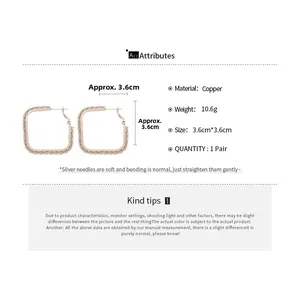 Detail showing 3.6cm square textured rose gold earrings with silver needle information