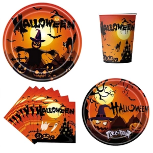 Halloween party tableware set featuring scarecrow pumpkin plates cups and napkins