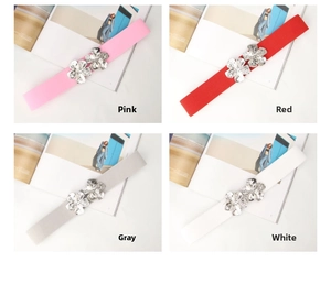Elastic waist belts featuring floral silver buckles in pink, red, grey, and white