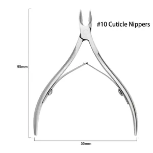 Macro detail of #10 stainless steel cuticle nipper showing dimensions 95mm by 55mm