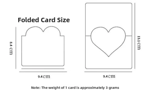 Detailed dimensions of 3D heart greeting card showing 8.4x9.4cm folded size and 3g weight