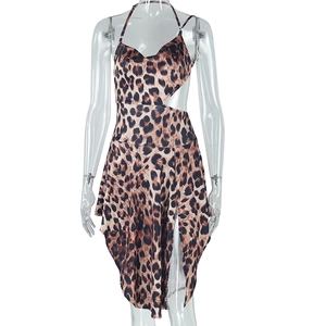 Detail of leopard print mini dress featuring side cut-outs and asymmetric slit hemline