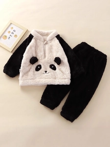 Cozy panda theme children's flannel pajama set with hooded top and matching pants