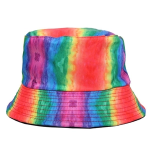 Detail of multi-color rainbow tie-dye bucket hat with reinforced brim stitching