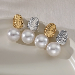 Hammered Metal Artificial Pearl Drop Earrings 316 Stainless Steel Geometric French Retro Style Jewelry For Women