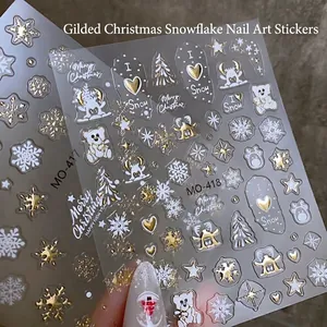 Weihnachts Nagelsticker 3D Relief Heißprägung Gold Weiß Schneeflocken Weihnachtsmann Rentier Design DIY Urlaub Deko Für Frauen