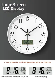 Detail view of the LCD display showing calendar and temperature on white wall clock