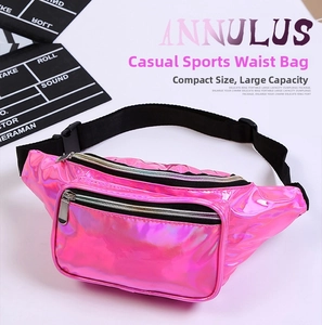 Detail of pink laser fanny pack showing dual zippers and adjustable nylon strap