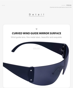 Detail view of Y2K wraparound sunglasses featuring blue curved lenses and star metal accents