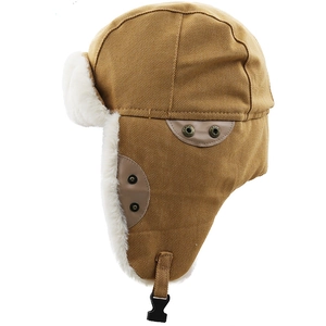 Khaki aviator hat with thick white faux fur lining and adjustable chin strap