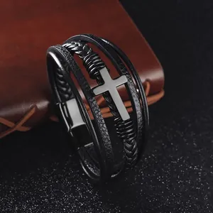 Men's multilayer braided leather bracelet with silver cross and magnetic steel clasp