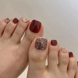 Faux Ongles De Pieds Vin Rouge Et Paillettes Press On Carrés Courts Mode Artificiels