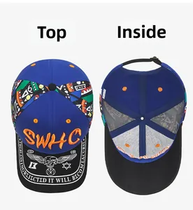 Detailed views of baseball cap top and inside showing embroidery and ethnic prints