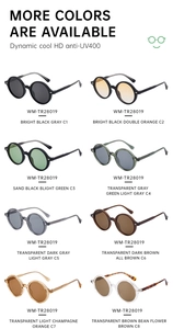 Matrix display of round sunglasses in eight different colors with UV400 protection