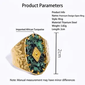 Goldener offener Titanstahlring mit afrikanischem Türkis und Vintage-Hammerschlag-Textur