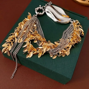 Multi Layer Tassel Bracelet Alloy Gold Leaf Charms Irregular Geometric Two Tone Fashion Jewelry For Women