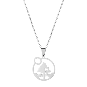 Polished stainless steel necklace featuring a round tree of life pendant on a silver chain