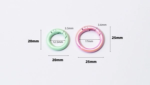 Detail view of colorful round spring ring buckles with precise size measurements in mm