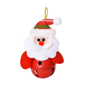 Plush Santa Claus Christmas tree ornament with a large red metal bell and gold string