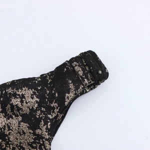 Elegant black one-shoulder dress featuring metallic gold foil print and slim fit design