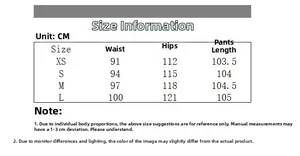 Detailed size chart for vintage cargo pants showing waist, hip, and length dimensions