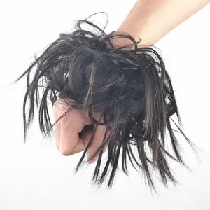 Close-up of messy curly hair scrunchie in dark brown synthetic fiber, color code 4A#