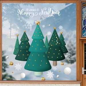 Green and gold Christmas tree window decals with 2026 Happy New Year holiday decorations
