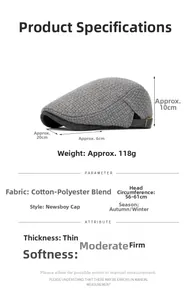 Size chart for grey waffle texture flat cap showing dimensions and fabric details
