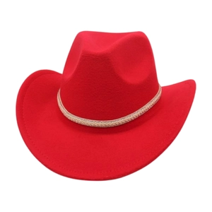 Detail of red wool felt cowboy hat featuring a champagne braided band with sparkling sequins