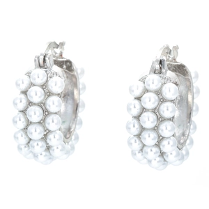 Elegant silver hoop earrings featuring three rows of polished white imitation pearls