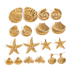 Golden starfish and shell earring set with 10 pairs of ocean themed stud designs