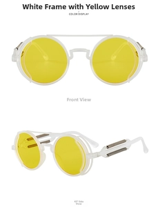 Cyberpunk steampunk sunglasses with white frames, yellow lenses, and metal spring detail