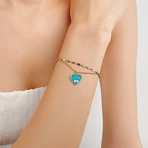 Double Layer Gold Titanium Steel Evil Eye Heart Pendant Bracelet For Women Multicolor Bead Enamel Boho Jewelry Gift