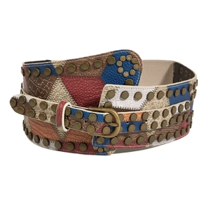 Retro bohemian wide waist belt with multi-color leather patchwork and metal rivets